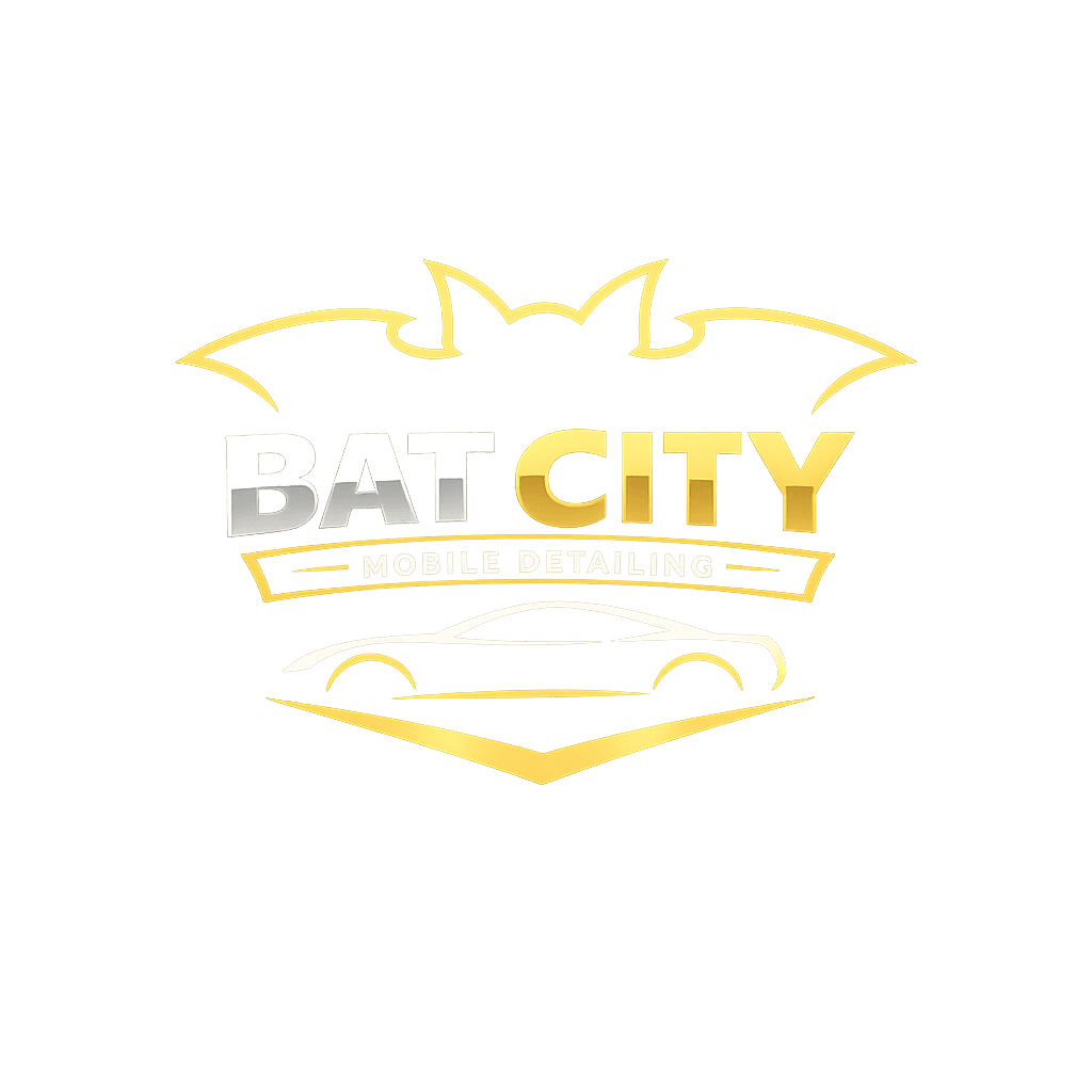 Gold and silver Bat City Mobile Detailing logo with bat wings and car silhouette.